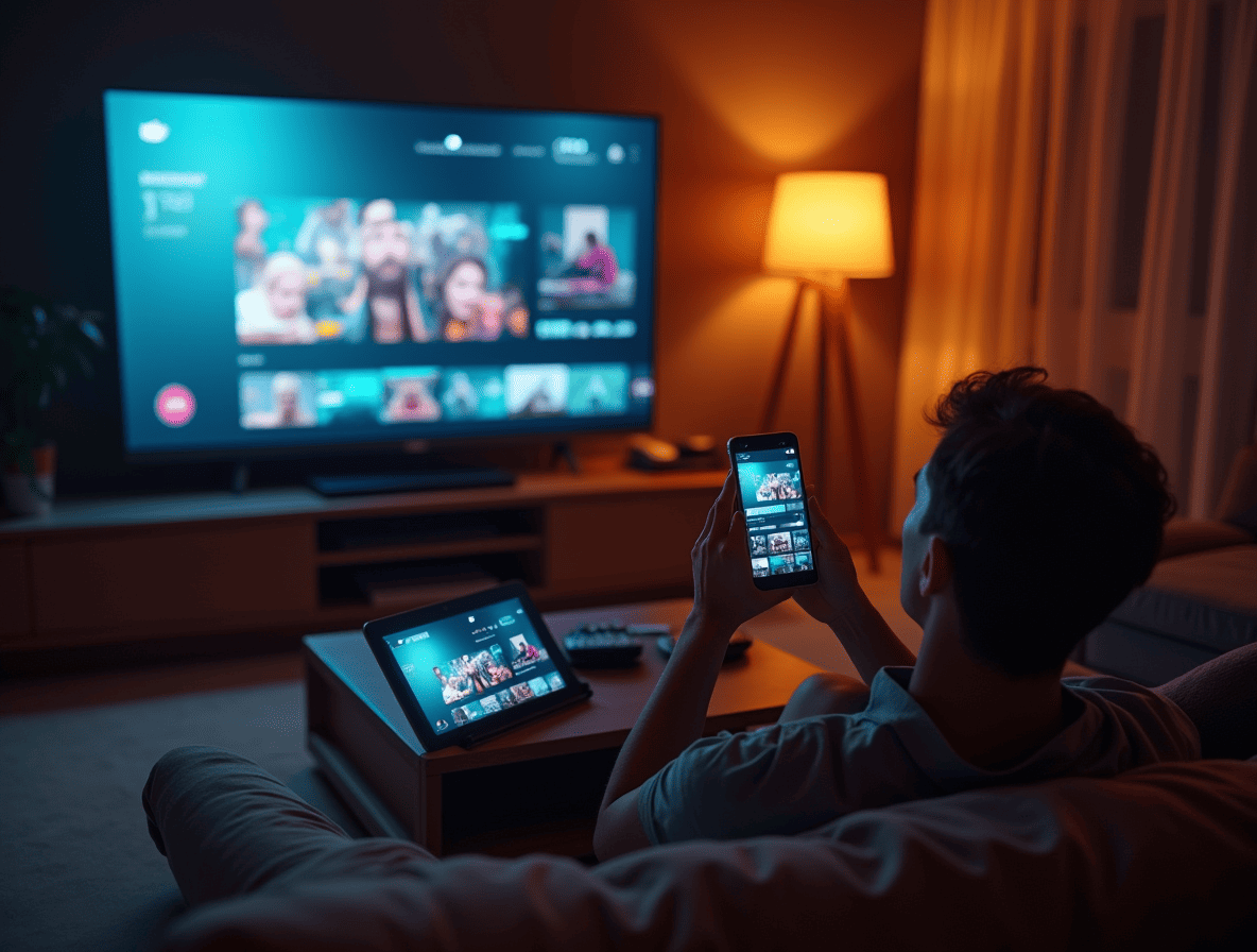 Image illustrant une IPTV stable sans coupure, avec un utilisateur regardant la télévision en streaming HD sans interruption sur plusieurs appareils.