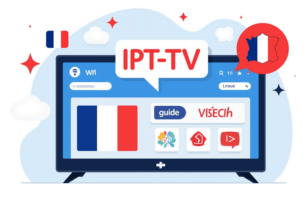 Interface IPTV sur Smart TV avec chaînes françaises et icônes HD illustrant un comparatif IPTV en 2025