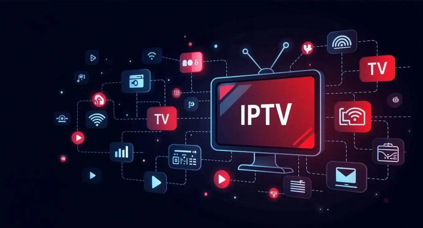 Image professionnelle et moderne illustrant l’innovation IPTV fiable en 2025, fond noir avec accents rouges, streaming TV de haute technologie.