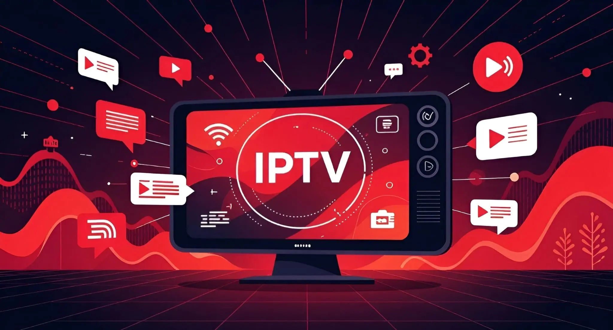 Illustration professionnelle représentant le concept de top IPTV illégal en 2025 avec un écran TV moderne et des flux numériques aux couleurs rouge et noir.