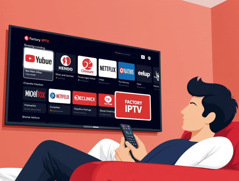 Salon moderne avec Smart TV affichant un service IPTV pas cher 2025, interface rouge et noire représentant Factory IPTV, service fiable et premium.